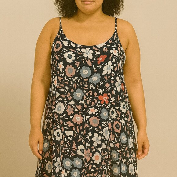 LOFT Floral Swing Dress XL Sleeveless Navy Curved Hem - Picture 4 of 4